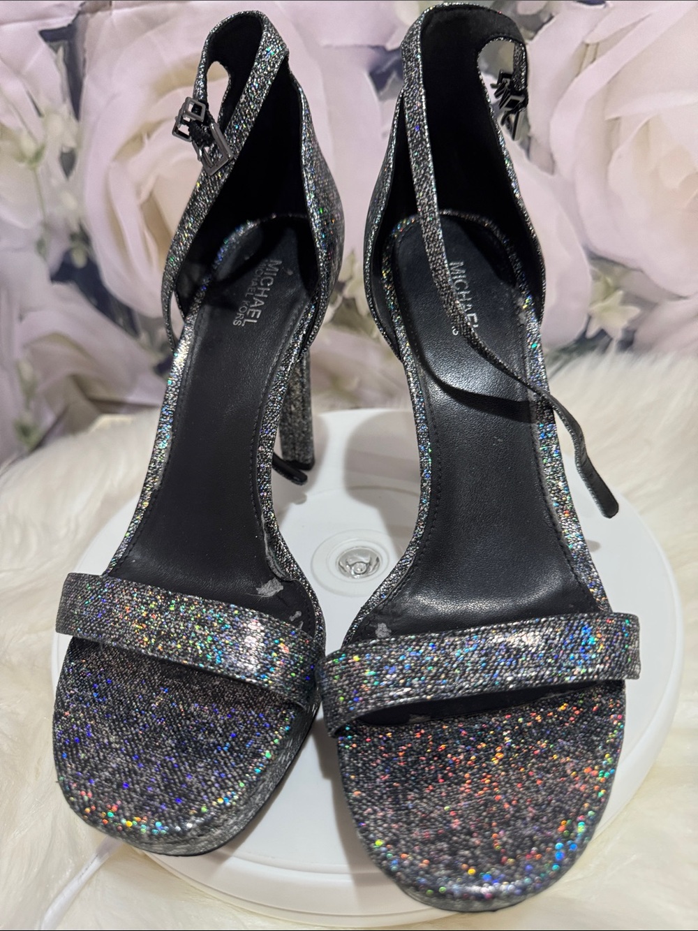 MICHAEL Michael Kors Black Holographic Glitter Ankle-Strap Heels